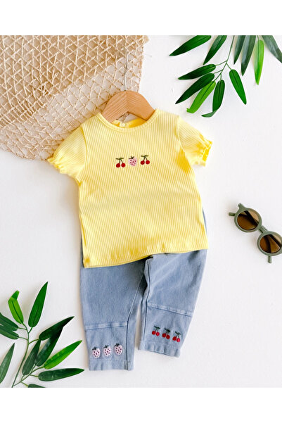 hümabebe Summer Fruits Embroidery Detail Knitted Denim Leggings Summer 2 Piec...