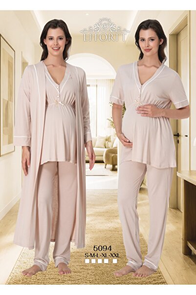 EM&FA TEKSTİL Maternity Pajama Set with Nursing Features and Robe