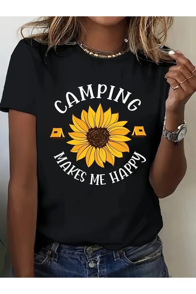 2mcup تي شيرت برسومات عبارة "CAMPING MAKES ME HAPPY" على شكل زهرة عباد الشمس....
