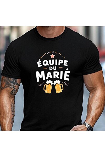 17 seramik تي شيرت رجالي قصير الأكمام برقبة دائرية ونمط ÉQUIPE DU MARIÉ صيفي ...