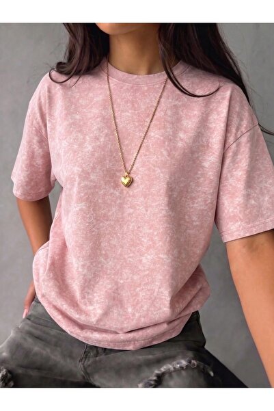 Touz Moda Pink Washed Vintage Unisex Oversize T-Shirt