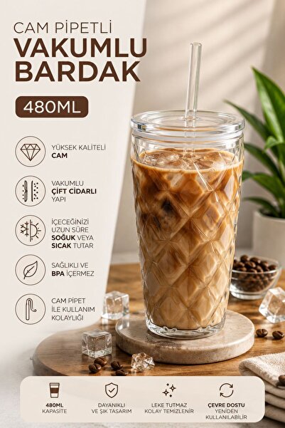 MİEN Pipetli Vakumlu Cam Bardak - Şeffaf - 550ml