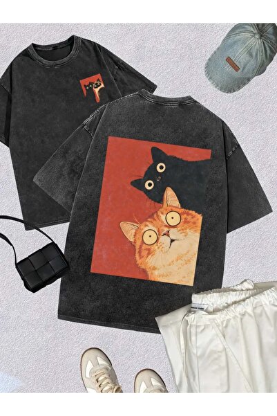 Touz Moda Shocked Cat Printed Washable Vintage Unisex Oversize T-Shirt