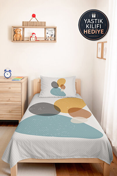 Evimde Bambaşka Geometric Blue Modern Young Room Single Pique Set-Hardal Gray...