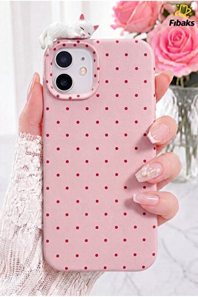 Fibaks iPhone 12 / 12 Pro Kılıf 3D Kedi Pembe Puantiye Noktalı Figürlü Kamera...