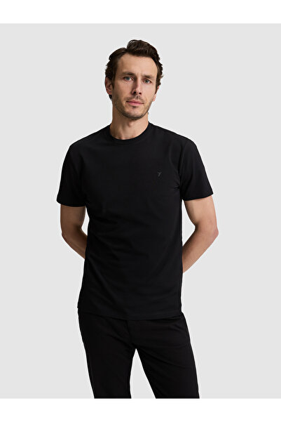 Cacharel Black Slim Fit Cotton Blend Crew Neck Basic T-Shirt 50324355-Vr046