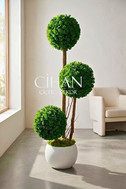 Cihan Çiçekçilik Yapay 3'lü Şimşir Top Ağacı 150 cm (35 cm Çap) UV Dayanımlı ...