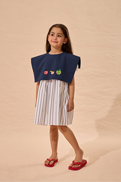 Fahhar Kids Elma Embroidered Striped Dress Navy Blue