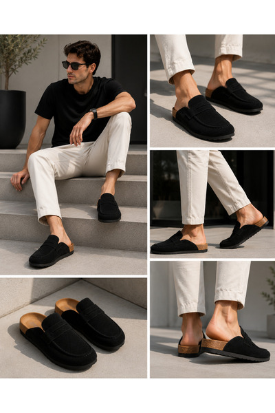 DİAMOND OUTLET Closed Toe Slippers with Cork Sole for Casual Home and Outdoor...