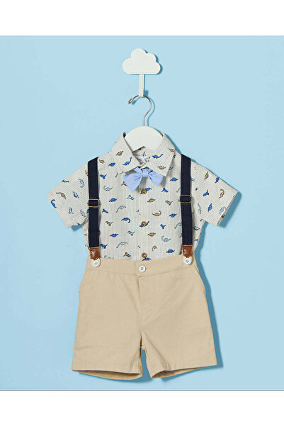 REDTAG Infant Boys White Dino Print Shirt & Suspender Shorts Set