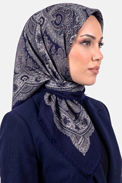 hadiora Women's Navy Blue Gray Ethnic Patterned Flared Scarf