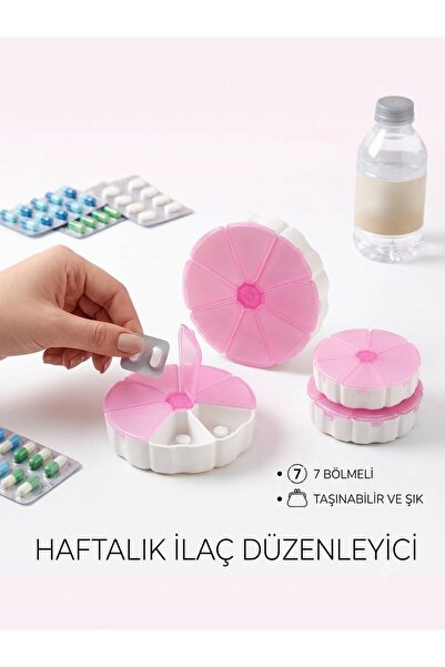 QesQin Haftalık Yuvarlak İlaç Kutusu - Taşınabilir, 7 Bölmeli, Pembe Kapaklı ...