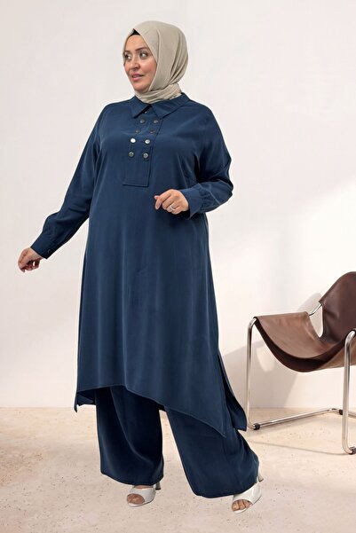 Eslina 67055 Plus Size Snap Fastener Cupra Pants Set - Navy Blue