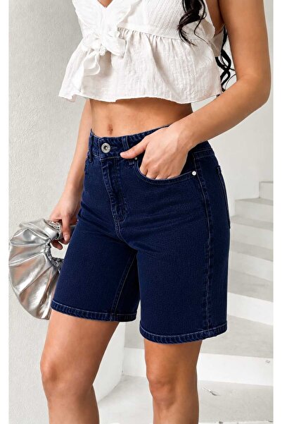 PANAMA Lacivert Kadın Likralı Mom Fit Yüksek Bel Esnek Denim Şort