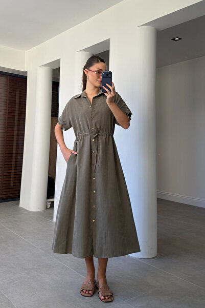 MAGARDE Embroidered Dress with Stone-Encorded Sleeves - Khaki