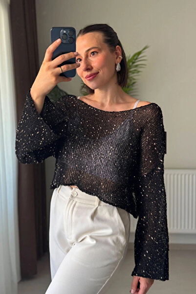 Kubos Moda Sequined Openwork Knit Boat Neck Black Crop Blouse