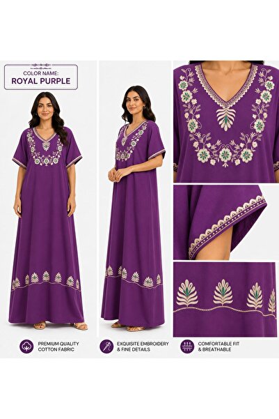 AYOUSH Women's Long Cotton Embroidered Gown - Short Sleeves - Comfortable Ori...