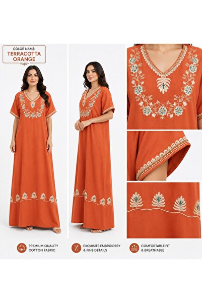 AYOUSH Women's Long Cotton Embroidered Gown - Short Sleeves - Comfortable Ori...