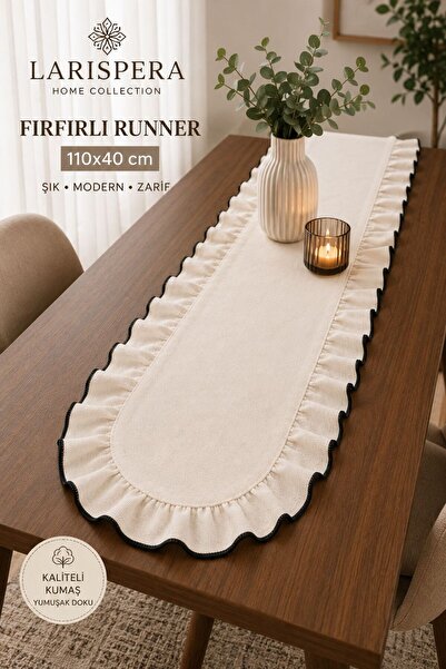Larispera Fırfırlı Runner 110x40 cm Siyah Biyeli Dekoratif Masa Örtüsü Salon ...