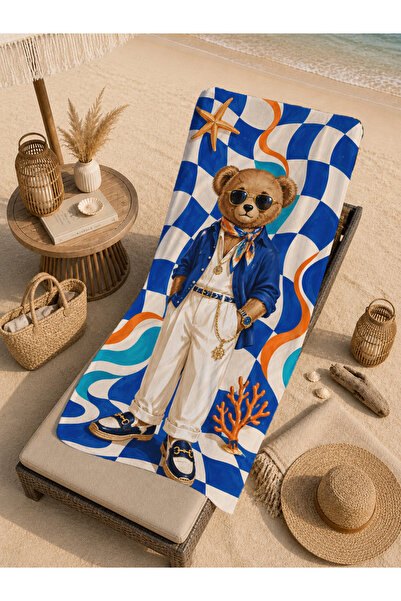 milroma Teddy Bear Blue Sea and Wave Patterned 70X150 Beach Towel