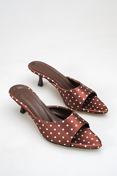 meyra'nın ayakkabıları Women's Pointed Toe Heeled Satin Sandals Brown Polka Dot