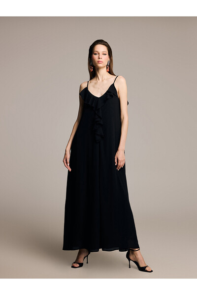 LC Waikiki Peak New Season V-Neck Rope Strap Ruffle Evening Dress