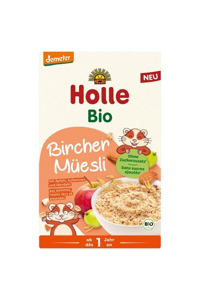 Holle Musli integral Bircher cu mere stafide si migdale pentru copii 1 an,