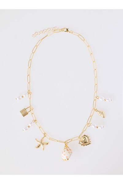 Jimmy Key Gold Color Pearl Detailed Seashell Figured Charm Necklace