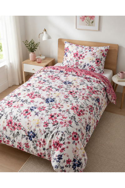 Nevora Single Duvet Cover Set Floral Patterned Pink Navy Blue 160X220 cm