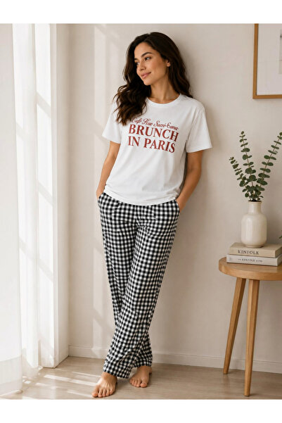 Victor and Jane By Styli White Text Print T-Shirt and Checked Pyjama Set