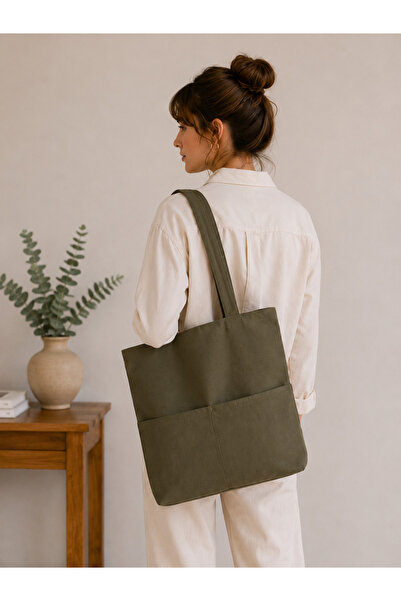 İKStore Women's Khaki Zippered Hand and Shoulder Bag Fabric Tote Bag Canvas B...