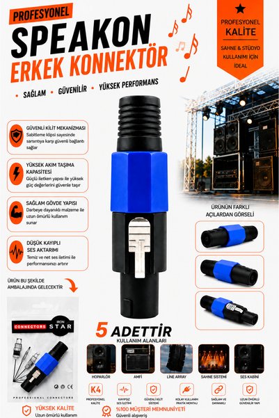 IRONSTAR 5 adet Speakon erkek konnektör / Hoparlör kablosu speakon / ses sist...