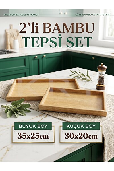 KRY 2'li Bambu Ahşap Sunum Tepsisi Seti – Dekoratif Organizer Tepsi Büyük & O...
