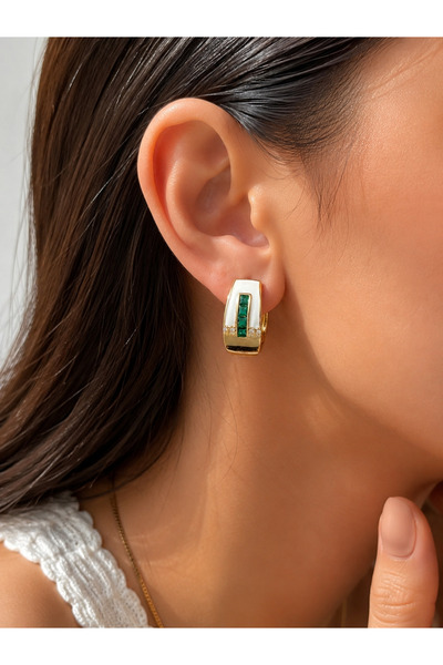 ANKA JEWELLRY Women's Steel Green Baguette Zircon Stone Hoop Earrings