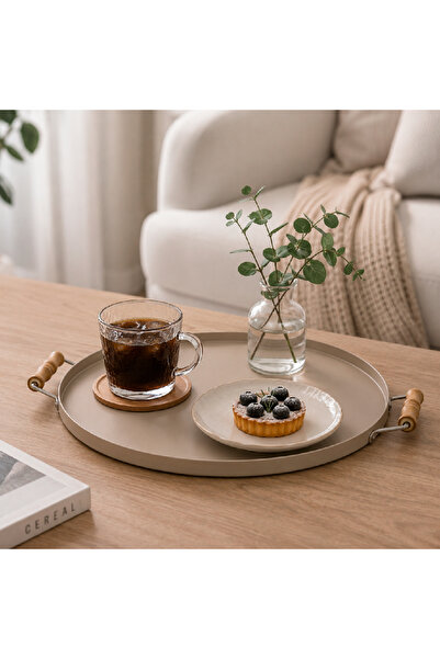 Warehouse Metal Round Serving Tray with Wooden Handles