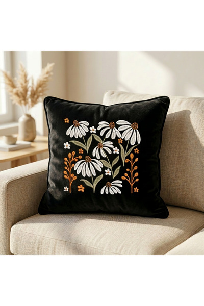 harmony factory Daisy Embroidered Black Velvet Cushion Cover Simplicity and N...