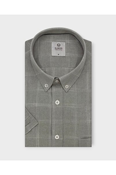 KAMER Men's Regular Fit Short Sleeve 100% Cotton Button-Up Collar Checked Gra...