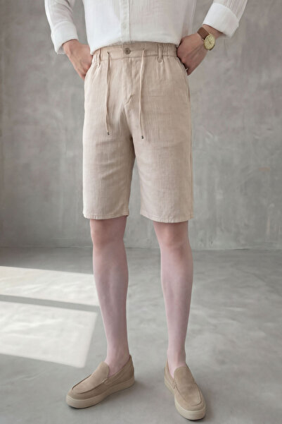 MENOFOURSWEAR Erkek Bel Bağcıklı Regular Fit Old Money Pamuklu Keten Dokuma Şort