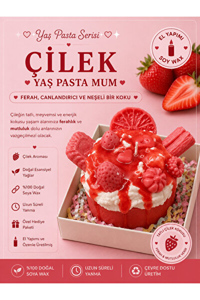 Çilek Kokulu Yaş Pasta Mum 🍓 Kırmızı Tonlu El Yapımı Dekoratif Soya Mum