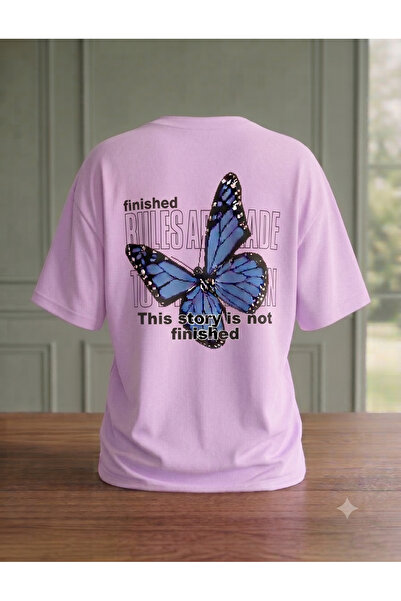 KOZİA OUTDOORS Women's Blue Kekebek Printed Oversized Crew Neck T-Shirt
