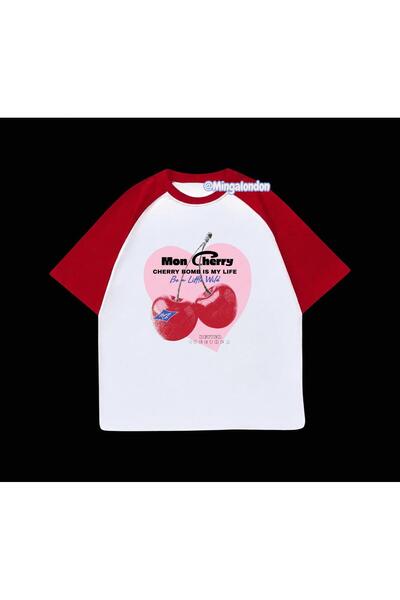 Minga London Mon Cherry Printed Red Raglan Sleeve T-Shirt