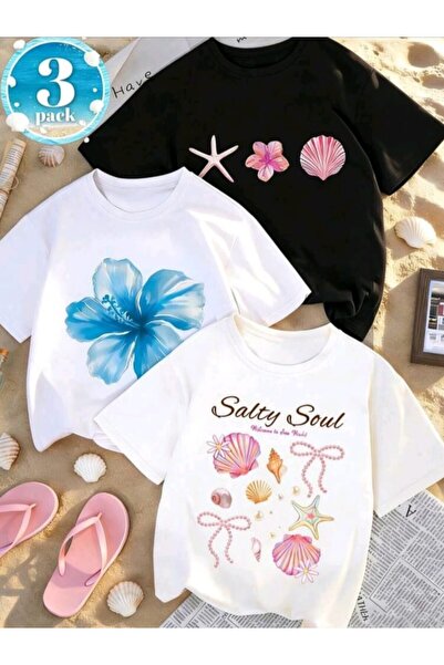 STİL-X New Season 3-Piece Set Girls' T-Shirt, Multi-Color, 100% Cotton