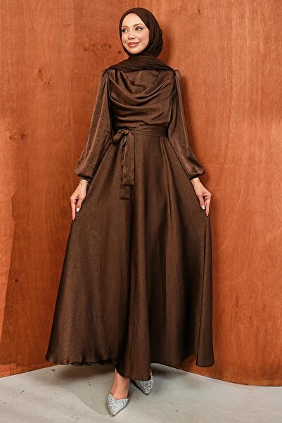İmajButik Brown Waist Belted Patterned Satin Evening Dress