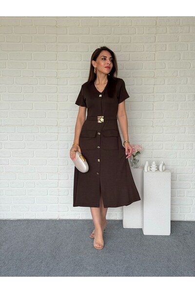 Goncalya Gold Buckle Midiboy Modal Dress