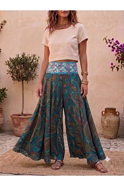 AYASOFYA OTANTIK Women's Indian Elastic Waist Ethnic Patterned Silk Trousers ...