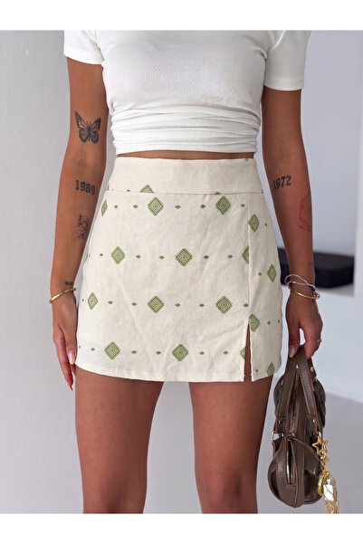 SLAW REZZ Women's Cream Ethnic Embroidered Linen Zipper Mini Shorts Skirt Sli...