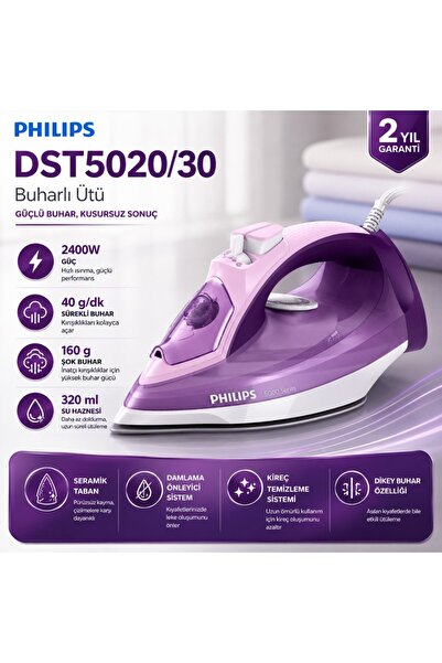 Philips 5000 Serisi Buharlı Ütü 2400W, 180g Şok Buhar, SteamGlide, 40g/dk Sür...