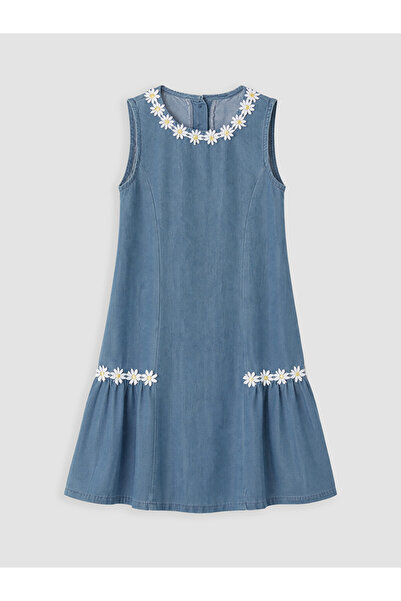 LC Waikiki Indigo Daisy Embroidered Girls' Dress