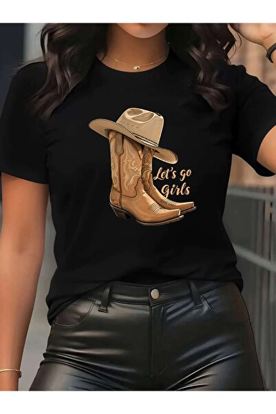STITCHLY Womens T-Shirt with Cowboy Boots Hat Graphic, Lets Go Text,, Slim Fi...