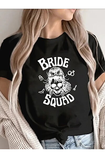 12 Teknoloji Bride Squad Skull Graphic Tee Women, Black cotton Short Sleeve T...